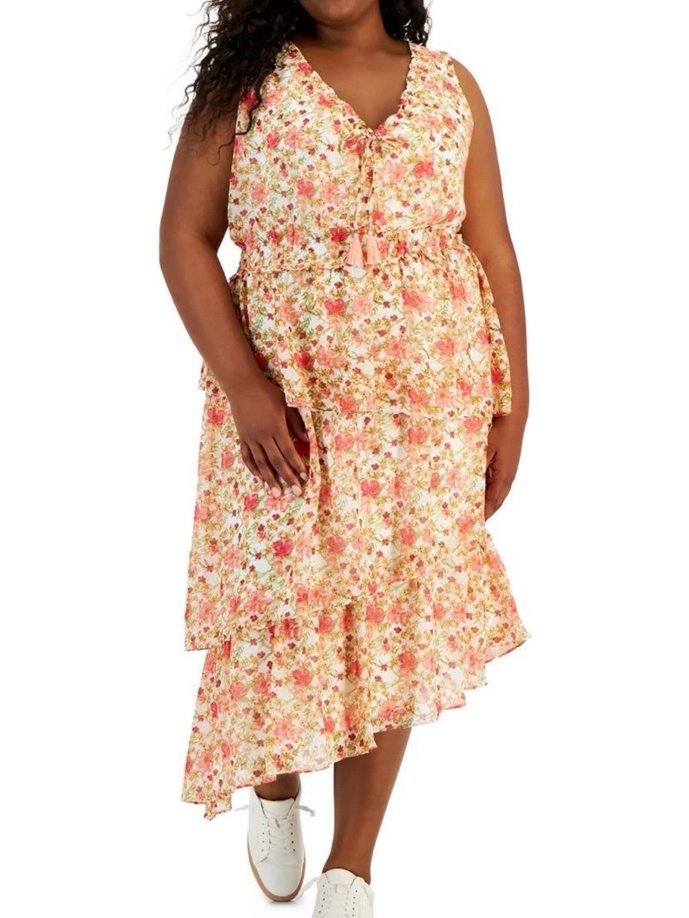 Floral Tiered Asymmetrical Midi Dress - Pink & Cream Cruise Summer